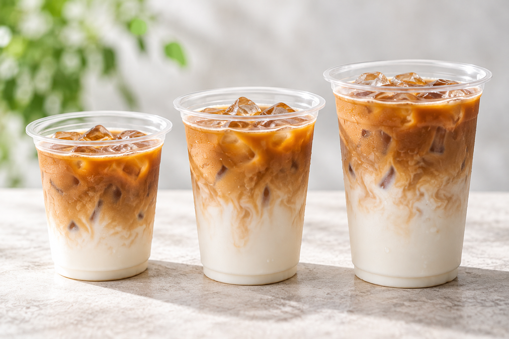 サイズの異なる3つのアイスカフェラテを並べたイメージ画像